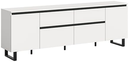 xonox.home – Lowboard Tomasa 188x65x36 cm in Weiß Melamin und Schwarz – Großes TV-Board im modernen Design – mit Stauraumfächern für Mediengeräte – funktional & dekorativ