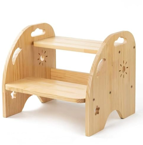 Kinder Tritthocker Holz - 2 Stufen Trittschemel für Kinder - Rutschfester Kinderhocker für Bad & Küche - Fußbank Holz stabil & sicher - Montessori Hocker