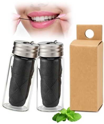 Natural Mint Bamboo Charcoal Dental Floss, Mint Flavour, Shred-Resistant | Plastic Free Toothfloss for Vegans Biodegradable Silk Floss, Candelila Wax-Coated, Portable Size 30 Meter (Pack of 2)