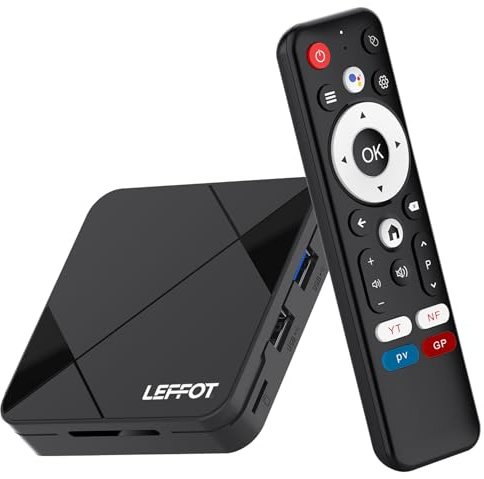 LEFFOT Android 14.0 TV Box 2025, 4K Ultra HD Boitier Android pour TV Streaming, 2Go RAM 16Go ROM, Boitier TV avec Contrôle Vocal, 2.4G & 5G WiFi 6, BT 5.4, USB 3.0, 100M Ethernet, RK3518 Quad Core A53