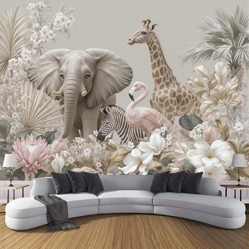 Blume Elefant Flamingo Fototapete Tierillustrationen Fototapeten Wandbild Motivtapeten Seide-Tapeten Moderne Wandtapete Wand Schlafzimmer Wohnzimmer Dekoration 150 x 105 cm