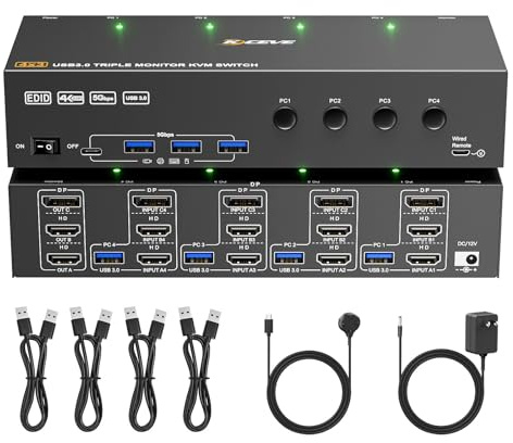 KVM Switch 3 Monitors 4 Computers 4K@60Hz,EDID Simulation,USB 3.0 HDMI Displayport KVM Switch Triple Monitor for 4 PC Share 3 Monitors and Keyboard Mouse Printer,with Wired Remote and 4 USB Cables