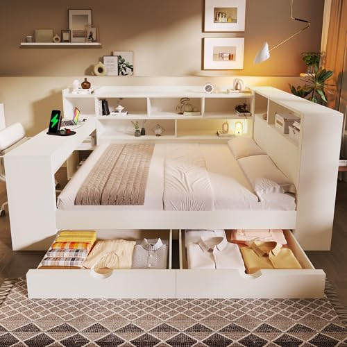 Su & Chan Legence Double Bed Frame with Integrated Desk, Day Bed with Storage Drawers and Bookcase, Corner Bed with Charging Station and Slats, No Mattress, 135 x 190cm, White