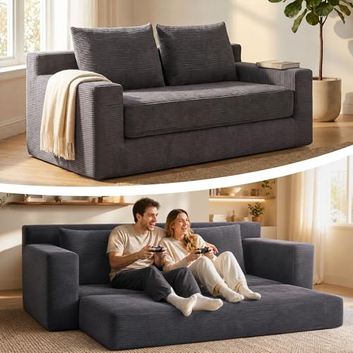 GRAVFORCR Schlafsofa klappbar, Boneless Couch 188cm Dunkelgrau | Bodensofa mit Pillow Back Armlehnen, Compressed Sofa Bed ohne Beine in Box, Cord Stoff für Wohnzimmer Schlafzimmer