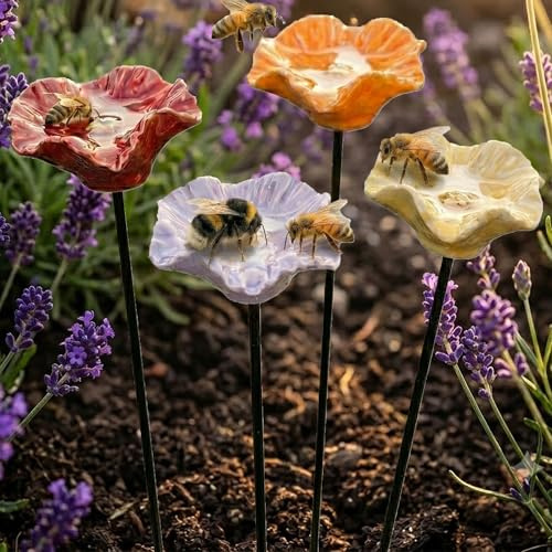 BienenträNke Keramik, InsektenträNke Keramiks Blume, Blumen Gartenstecker VogelträNke, Handgemachte BienenblüTen – Wetterfeste Keramik-TräNken, 4er-Set (4STK)