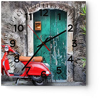 Modern Wanduhr Scooter transport italien retro 30x30cm Quadrat Klein Wand Uhr Glas Analog Zimmeruhren Küche Büro Wohnzimmer Glasuhr Wall Clock Dekoration Design Wanddekoration Küchenuhr C4AC30x30-2571