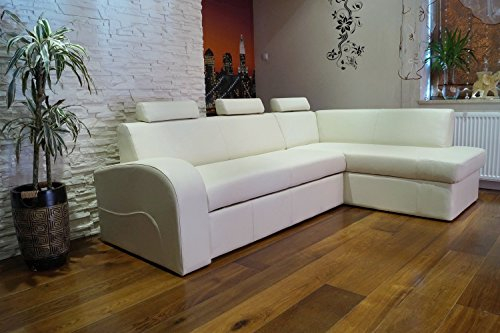 Quattro Meble Weiß Echtleder Ecksofa Antalya II 3z 245 x 164cm Sofa Couch mit Schlaffunktion, Bettkasten und Kopfstützen Eck Couch Echt Leder Hermes Pure White