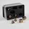 shibby 7 polyedrische Metall-Würfel für Rollen- und Tabletopspiele in Steampunk Gold-Lila-Optik inkl. Aufbewahrungsbox