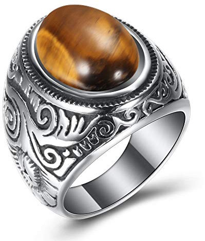 VQYSKOMänner RetroTigerauge Ring-Klassiker Retro Charm Künstlicher Türkis Steine Edelstahlring Herrenring mit Gravur, Ringgrößen 54 (17.2) – 76 (24.2)(Tigerauge, 67 (21.3))
