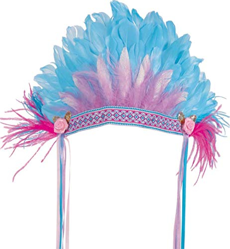 KarnevalsTeufel Feder-Kopfschmuck in blau mit Borte und Rosen Indianer Kopfbedeckung mit Glitzer-Federn Prinzessin Inka Maya