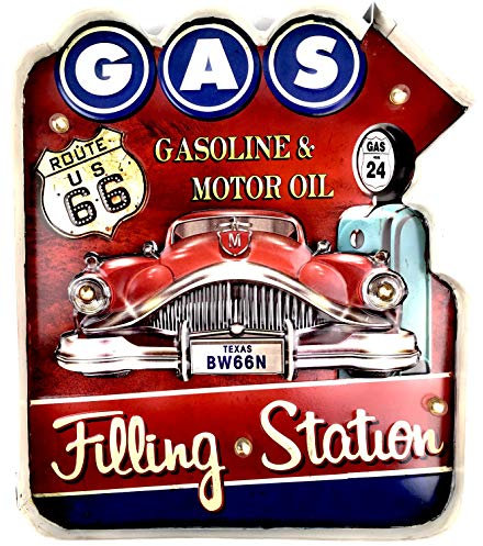 Leuchtschild Retro-Schild Wandschild im Vintage-Stil LED Schild für Garage Dekoschild Zubehör für Wohnkultur 50er Jahre Haus Dekoration Retro Leuchtkasten Metallhandwerk (Filling Station 1)