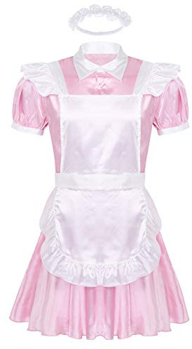 MSemis Homme Robe de Nuit Kimono Robe de Chambre Pyjama Dentelle Peignoir de Bain en Satin Chemises de Nuit Déguisement Soubrette Lingerie Vêtement de Nuit M-XXL Rose Large