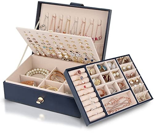 YONZONE Jewellery Box Organiser for Women Girls, 3 Layer Large Jewellery Case Storage with Removable Compartment for Necklace Earrings Rings Bracelets, PU Leather Travel Jewelry Boxes Gift, Dark Blue