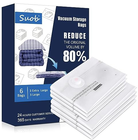 Suob Vacuum Storage Bags - Eco-Friendly Compression Bags for Space Saving, Ideal for Bedding, Pillows, Clothes and Blankets - 6 Pack (3XL, 3L) Vacuum Seal Bags for Home Organization and Storage