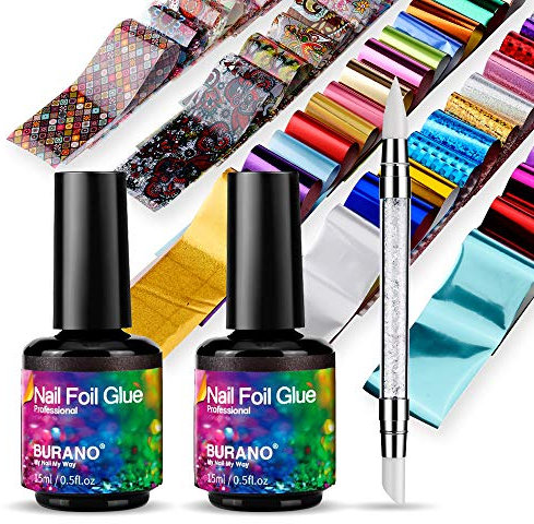 BURANO Nail Art Foil Glue Gel, 15ML 2 Bottles with 60PCS Foils Sticker, Nails Designer Adhesive Transfer Art UV LED Lamp Required Fall Winter