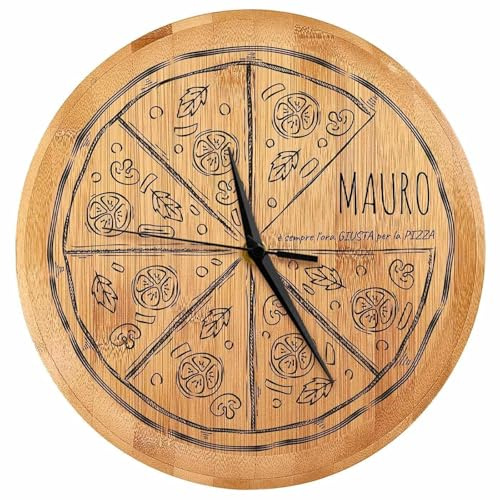 Maverton Orologio da parete Vintage, in bambù, rotondo | Con stampa personalizzata, diametro: 26 cm, alimentato da batteria AA, regalo di compleanno uomo, regalo di Natale, Pizza