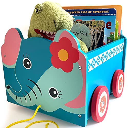 Scatola portagiochi in legno cassapanca portaoggetti 2 in 1 con ruote per cameretta dei bambini | Baule per giocattoli, giochi o libri e pull along (elefante) | Regali per bambin di 1 2 3 4 anno+