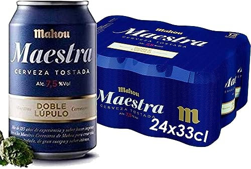 Mahou Maestra Doble Lúpulo, Pack de 24 Latas x 33 cl, Cerveza Tostada Lager, Sabor Intenso y Espuma Cremosa, 7.5% Volumen de Alcohol
