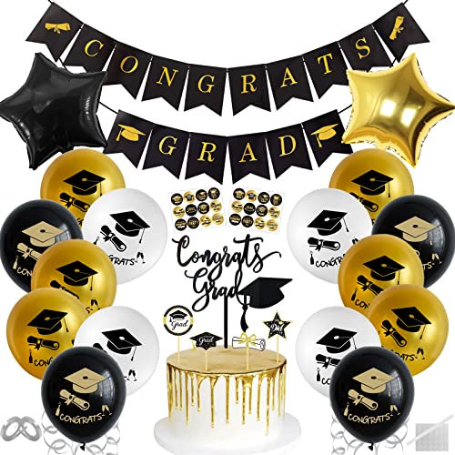 Abschluss Deko, Abschlussfeier Deko 2025, Abitur Bachelor Deko, Schulabschluss 2025 Deko, Schwarz Gold Graduation Deko mit Congratulations Banner, Graduierung Fotorequisiten