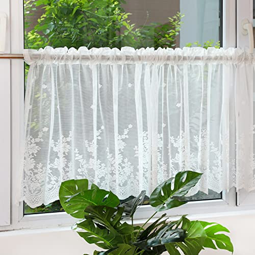 Devola Vorhang im amerikanischen Landhausstil transparent Blumenmuster Garn Bistrogardine Cafe Scheibengardine Küche Gardine Dekoration Vorhänge HxB 90x200cm Weiß 1er Pack