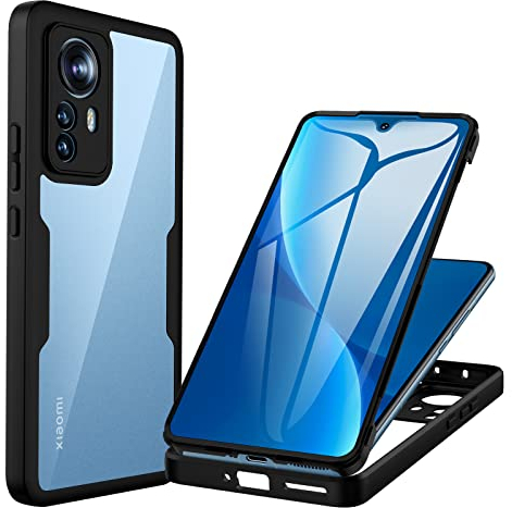 CENHUFO Hülle für Xiaomi 12/Xiaomi 12X, 360 Grad Schutzhülle Stoßfest Panzerhülle mit Eingebautem Displayschutz Bumper Full Cover Outdoor Case komplett Handyhülle für Xiaomi 12 5G/12X 5G - Schwarz