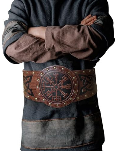 HiiFeuer Breiter Wikinger Geprägter Gürtel Nordic Kunstleder Rüstungsgürtel Ritter Korsettgürtel LARP Halloween-Kostüm (Braun A)