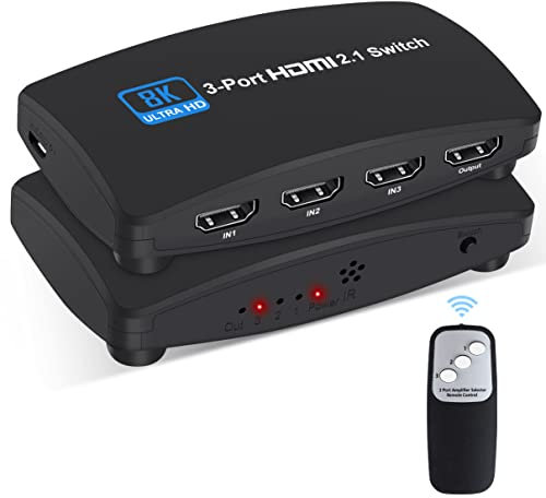8K@60Hz HDMI 2.1 Switch, HDMI Switch 3 in 1 Out, HDMI Switch 8K Supports 4K@120Hz, 8K@60Hz, High Speed 48Gbps, Ultra HD for Fire Stick, HDTV, PS5, Projektoren, Monitore (with IR Fernbedienung)