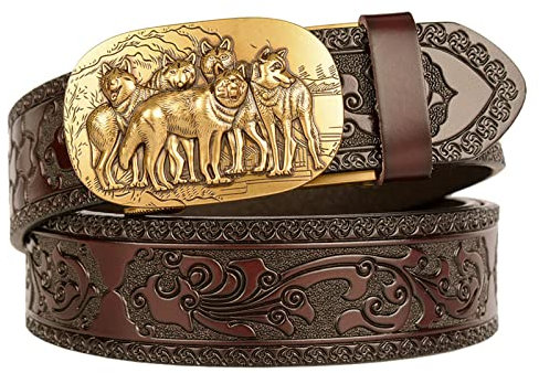 JIARY Western gürtel Herren,Westerngürtel für Cowboy-Herren, Ledergürtel mit Wolfskopf-Metallschnalle,Brown b,115cm/45.2''