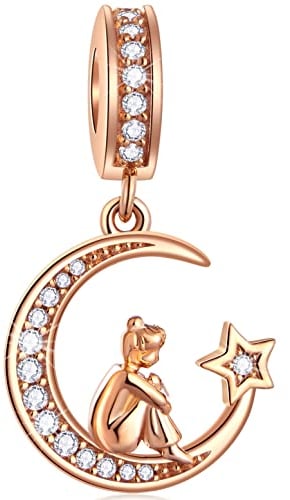 Rose Gold Girl Sitting on Crescent Moon Dangle Charms, fit Pandora Christmas Bracelet, 925 Sterling Silver Moon and Stars CZ Pendant Starry Sky Beads, Gifts for Baby Girl/Big Sister/Friend