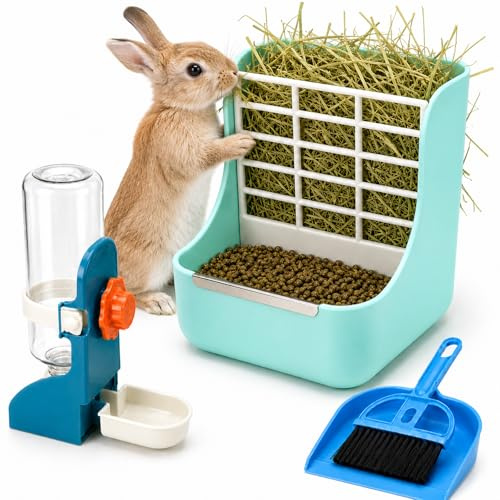 HERCOCCI Rabbit Hay Feeder and Water Bottle Set, 500ml Bunny Water Dispenser with Food Bowl, 2-in-1 Hay Rack Feeder for Guinea Pig, Chinchilla, Hedgehog, Small Animals