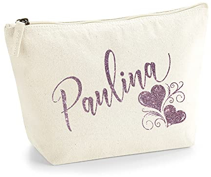 Personalisiert Name Initialen Herz Wirbel Kosmetiktasche Damen Schminktasche für Handtasche Makeup Tasche - Glitter oder Flocke Material Druck - Roségold Glitter - S | Natürlich