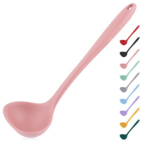 Mestolo da zuppa in silicone, mestolo per cucinare, mestolo in silicone, con impugnatura comoda, cucchiaio in gomma senza cuciture, antiaderente per evitare di graffiare gli utensili da cucina (rosa)