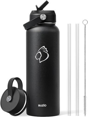 Edelstahl Trinkflasche 1L, BUZIO Thermosflasche mit Strohhalm 1180 ml 1l doppelwandig hält Getränke kalt/heiß, auslaufsicher, BPA-frei, weite Öffnung, inkl Flexkappe, Schwarz