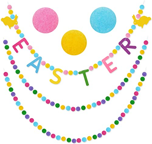 Whaline 3xOster-Filzbanner Oster-Buchstaben-Hasen-Filz-Girlande zum Aufhängen, bunte Pom-Ball, dekorative Wimpelkette, vormontiert für Ostern, Urlaub, Frühling, Zuhause, Partyzubehör, 2.5 m