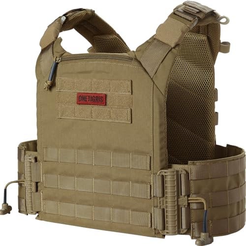 OneTigris FYR Plattenträger, Taktische Plate Carrier Schnellverschluss-System Airsoft Weste, Verstellbarer MOLLE Platten Träger Brustschützer für Paintball Polizei Softair (Coyote Braun)