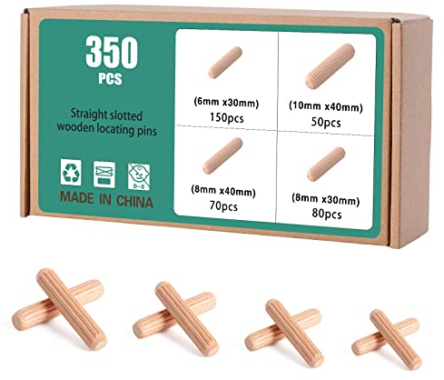 Faankiton 350 Stück Holzdübel Set 6x30, 8x30/40, 10x40mm, Dübel Holz, Holzstifte Dübel Set, Riffeldübel Buche Holz Dübel für Möbel Tischler DIY- und Bastelprojekte
