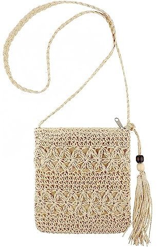 Bewudy Straw Bag for Women, Woven Crochet Bags with Tassel, Handmade Handle Tote Bag with Zipper Handbags, Holiday Summer Beach Bags for Women Crossbody Bag (Beige)