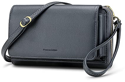 Peacocktion Damen Umhängetasche, Kleine Crossbody Taschen Schultertasche, Handgelenkstaschen Geldbörse mit Crossbody und Handgelenk 2 Riemen, Handytasche zum Umhängen mit Kartenhalter, 01-Dunkel Grau