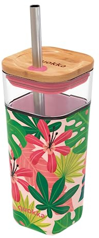 Quokka Gobelet en verre avec paille et étui en silicone liquide Cube Pink Jungle 2022 540 ml