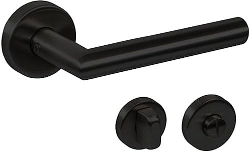 Gedotec Drückergarnitur Schwarz matt [WC-Badezimmer] 1x Tür Beschläge Rund-Rosette I Türgriffe Innentüren L-FORM I Türklinke für Türstärke 35 – 47 mm | Türbeschlag mit Befestigungsmaterial