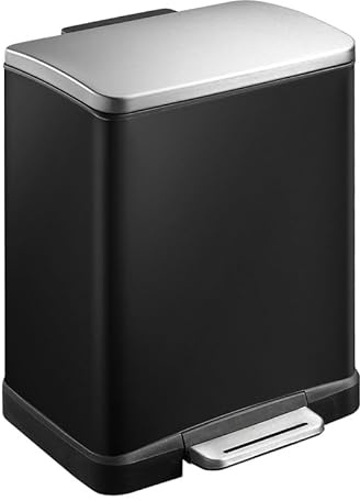 PROREGAL Stilvoller rechteckiger Treteimer mit extra breitem Pedal | 10+9 Liter, HxBxT 44,6x37x32cm | 2 Inneneimer aus Kunststoff | Schwarz
