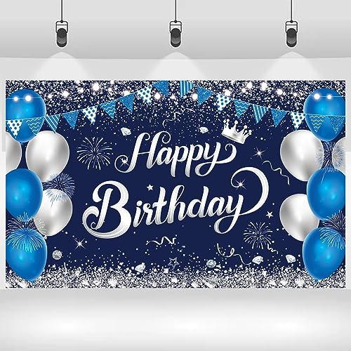 Pancarta de feliz cumpleaños de 1,1 x 1,8 m, telón de fondo de feliz cumpleaños, decoración de cumpleaños azul y plateado para niños y niñas, suministros de fiesta de aniversario de cumpleaños
