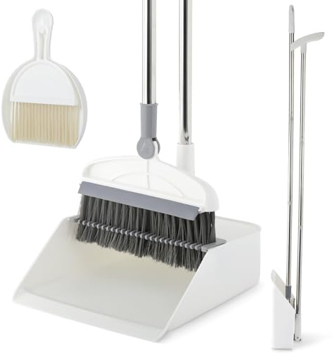 Besen mit Kehrschaufel-Kombi-Set, 2-in-1 Besen und Kehrschaufel-Set mit langem Griff, aufrechter 180° drehbarer Besen mit Bürste und leichten Kehrschaufeln für Zuhause, Küche, Zimmer, Büro, Lobby,