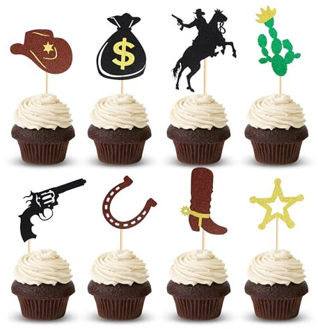 Arthsdite 24Pcs Cowboy Cupcake Toppers HorseShoe Cowboy Hats Boots Cupcake Picks Star Gun Cactus Cupcake Picks Western Theme Baby Shower Birthday Party Cake Decorations Supplies