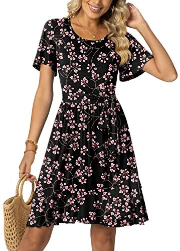 Aodemo Women Casual Summer Empire Waist Short Sleeves Work Dresses Ruffle Hem Swing Tie Waist Beach Dress XL, Gypsophila Black