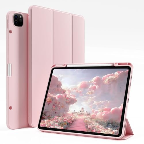ZKTUYU Hülle für iPad Pro 12,9 Zoll 6. / 5. / 4. Generation 2022/2021/2020 mit Stifthalter, Ultradünn Stoßfeste, Weiche TPU Rückseite,Auto Schlafen/Wecken, Unterstützung Pencil 2 Aufladung, Rosa