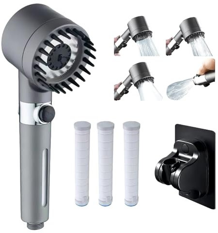 5 Pièces Pommeau de Douche avec Stop Kit avec Filtrant et Support, 3 Modes Réglable Douchette, Pomme de Douche pour les Augmenter la pression de l'eau, L'interface à 4 points de Scalp-International