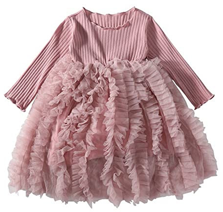 Kleinkind Kinder Baby Langarm Tutu Kleid Tüll gestrickte Rüschen Hochzeit Kleider Tischtennis Mädchen (Pink, 5-6 Years)