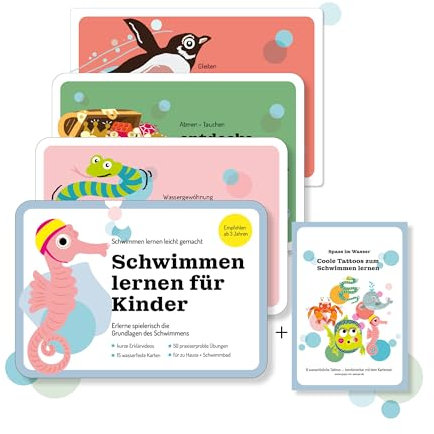 Kinder Schwimmen beibringen - mit wasserfesten Karten Kinder Schwimmen Lernen - Spass im Wasser - 15er Set: Seepferdchen - mit Tattoos