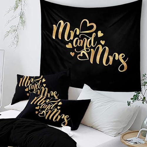 AShanlan Partner Kissenbezug 2er Set 80x80 cm Mr Mrs Schwarz Gold Love Herzen Ornamente Wendemotiv Microfaser Doppelpack Dekorativ Kissenbezüge Kissenhülle mit Reißverschluss